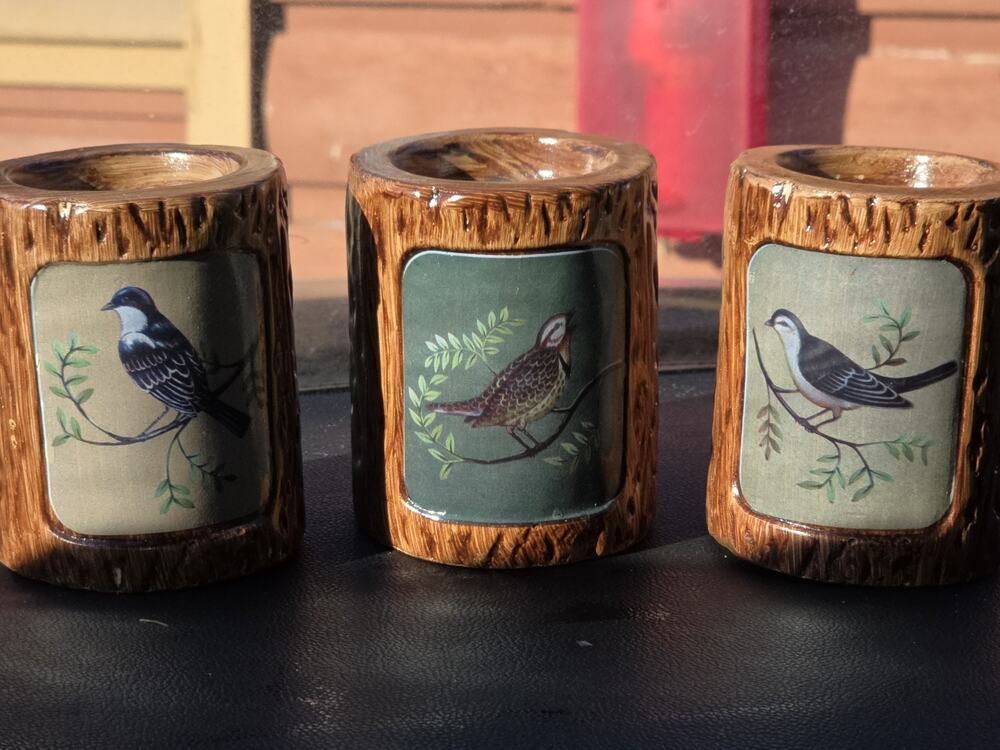 Set of 3 Ceramic Bird Candle Holders Rustic Cabin Woodland Cottage Decor